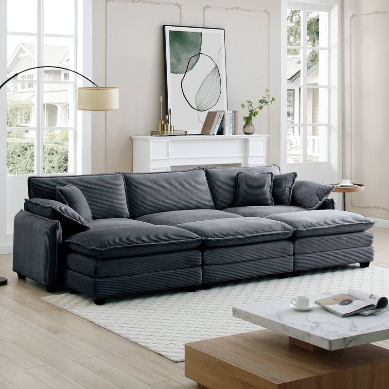 3-seater Corduroy Modular Sectional Sofa Set with Ottomans