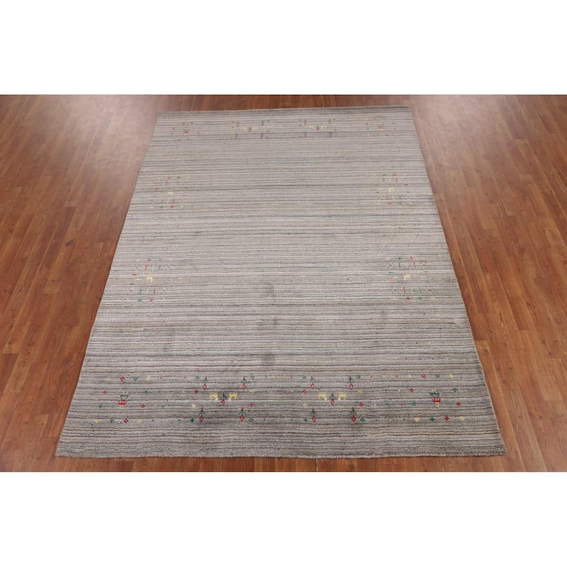 Striped Tribal Gabbeh Area Rug Hand-Knotted Multi-Color Wool Carpet - 6'1"x 7'11"