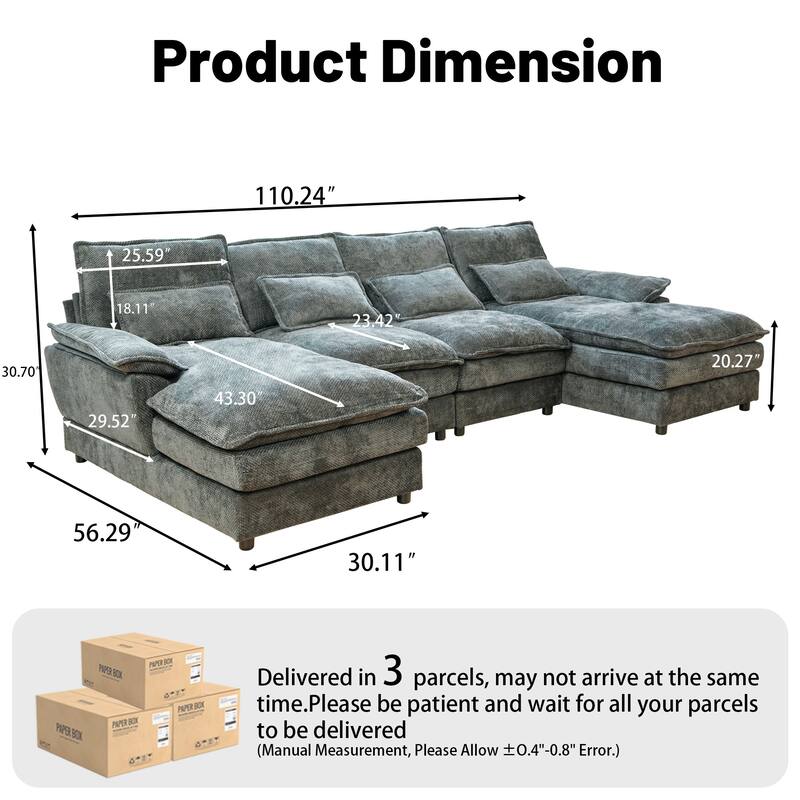 Symmetrical U-shaped Chaise Sectional Sofa, Comfy Chenille Upholstered Couch with Double Layer Seat Cushions and Waist Pillows