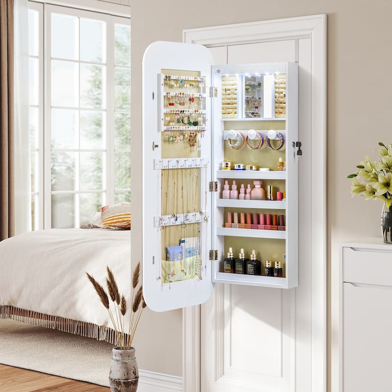 Wall Mounted or Door Hanging Jewelry Cabinet with LED Lights and Full-Length Mirror White - 16.5" x 10" x 42.5" (L x W x H)