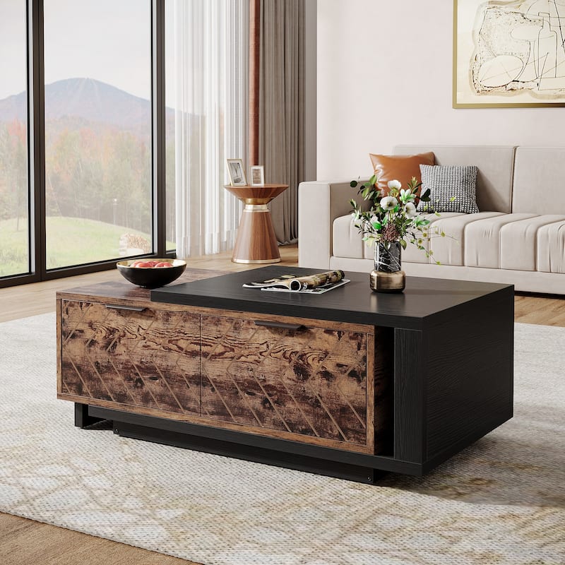 Extendable Coffee Table with 2-drawer and Wood Sliding Tabletop for Living Room
