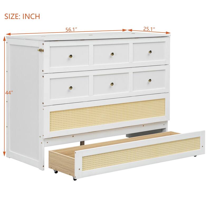 White Murphy Bed with Drawer, Rattan Patterned Full Size Bed