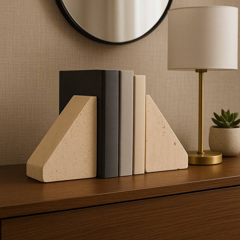 Modern Travertine Triangular Bookends - Decorative Book Ends - 5", Tan - 5.0"
