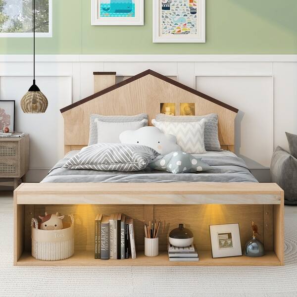 slide 2 of 28, Full Size House Platform Kids Bed Frame with LED Lights and Storage, Wood Color Wood Color