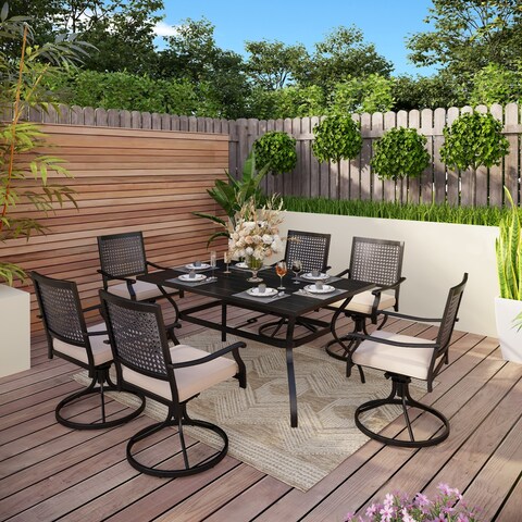 7-Piece Patio Dining Set of 6 Swivel Metal E-coating Chairs and 1 Slat Metal Rectangular Table