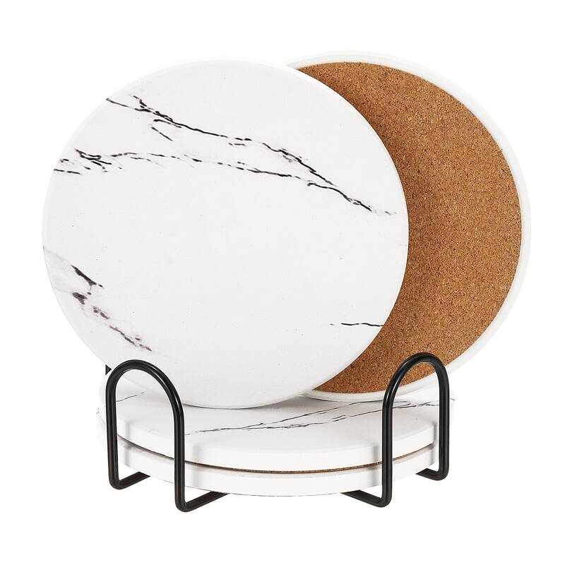 Ceramic Stone Coasters, 4pcs Cork Base Cup Coasters Set with Holder