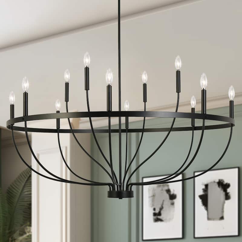 Mid-Century Modern 12-Light Wheel Chandelier 47.2 in Black Metal Ceiling Light for Living Room - D47.2" x H26"