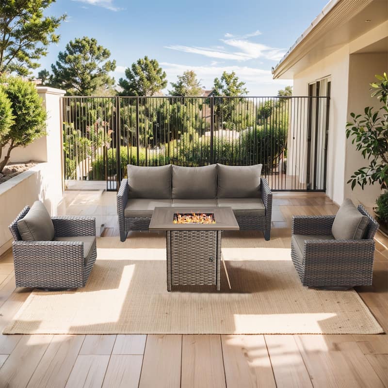 Outdoor Pocassy Sofa Chairs Set with Fire Table - Brown Wicker Grey Cushion - 4 Pieces