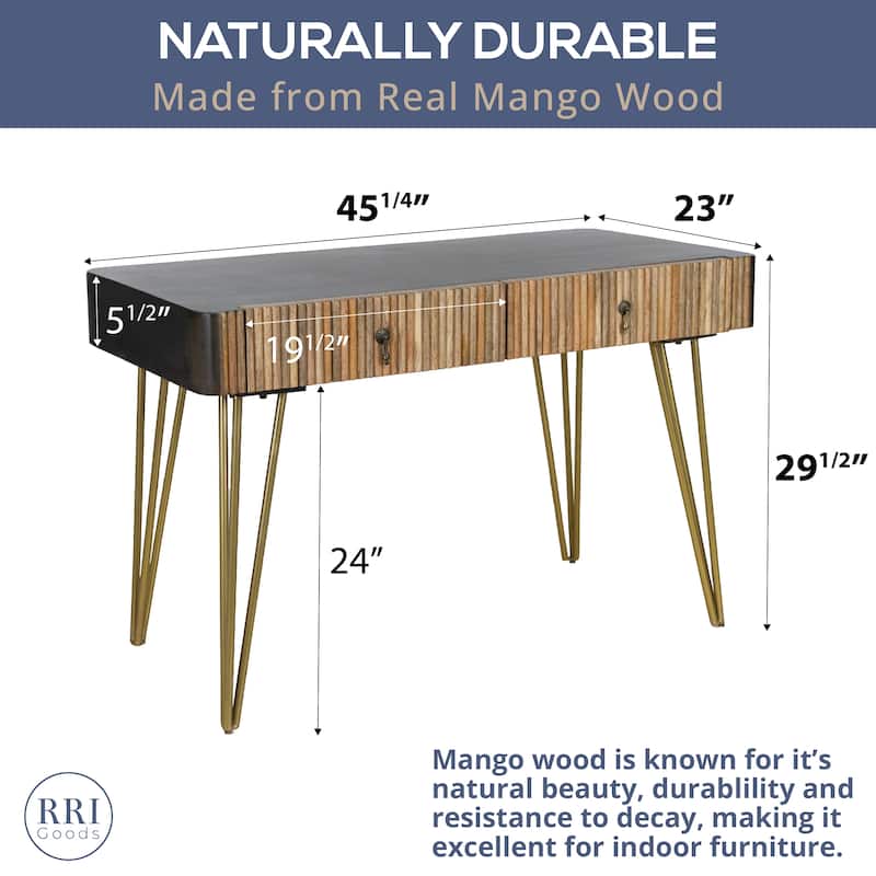 RRI Goods Modern Mango Wood Writing Desk with Antique Metal Accents and Golden Legs, Antique Home Office Desk