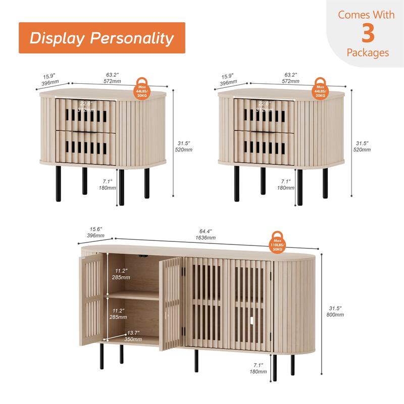 WAMPAT 3 Piece Fluted Buffet Cabinet and Nightstand