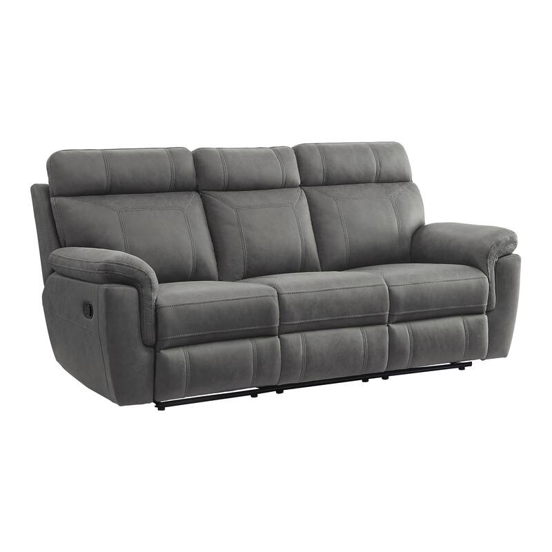 Cliff 84 Inch Manual Reclining Sofa, Gray Microfiber, Solid Wood, Metal