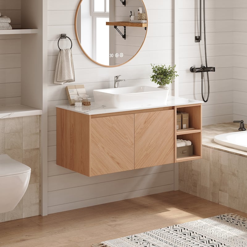 36'' Single Bathroom Vanity with Stone Top, Brown Wood, Black Vessel, Floading Vanities