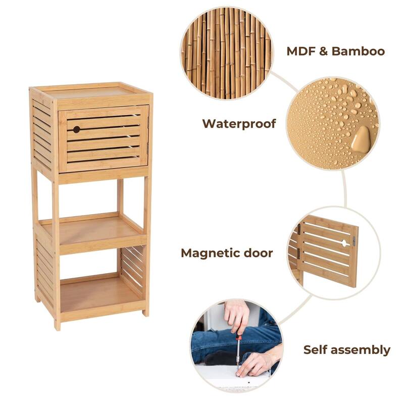 Compact Bathroom Storage Cabinet with Open Shelves and Vented Door, Natural - Trinidad Collection - 24.8"L x 9"W x 70.5"H