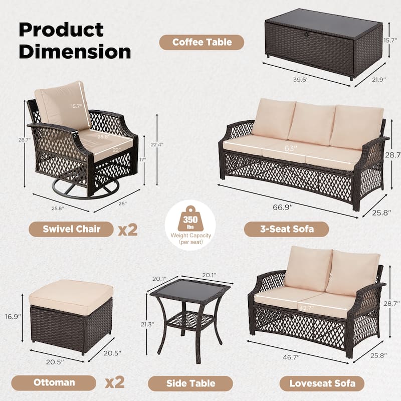 Outdoor Wicker Patio Set w Swivel Chairs & Sofa, Ottomans and Tables, Modular 3/5/6/7-Piece, All-Weather Conversation Set.