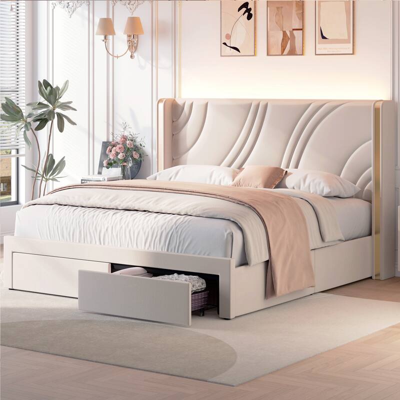 King Upholstered LED Storage Bed - Velvet - Beige