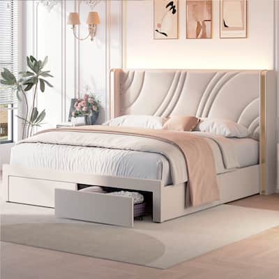 King Upholstered LED Storage Bed - Velvet - Beige