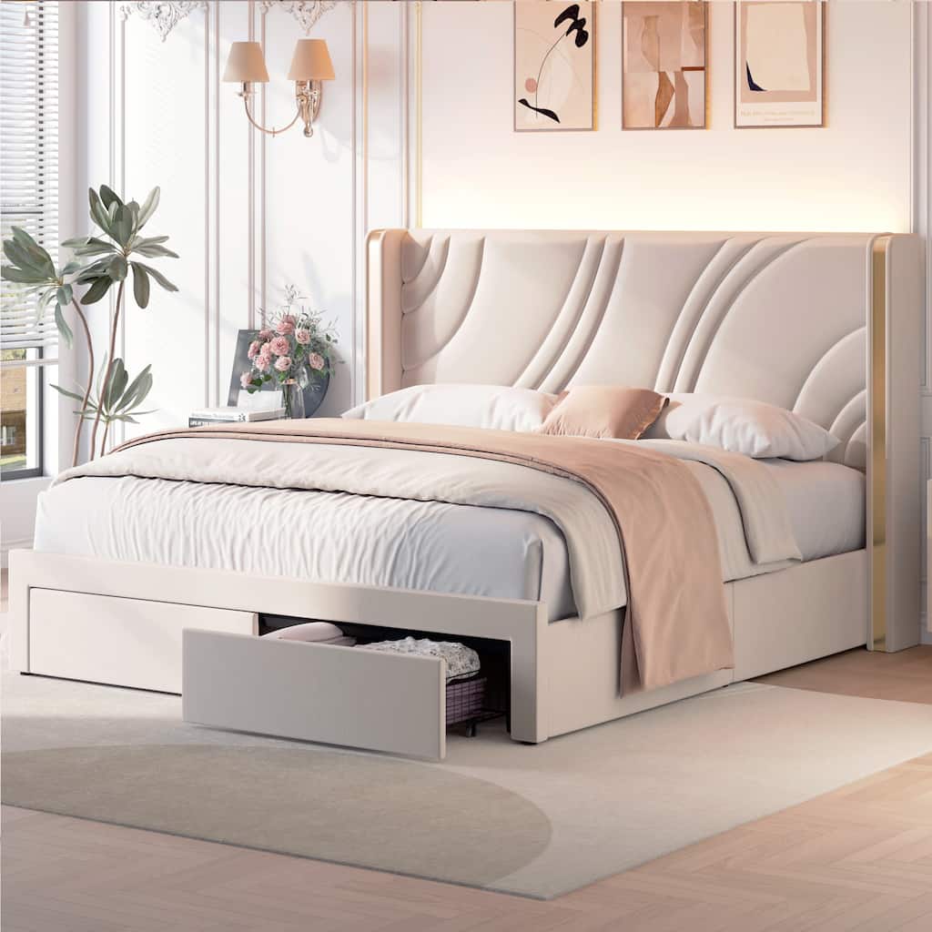 King Upholstered LED Storage Bed - Velvet - Beige