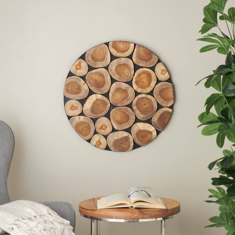 Brown Teak Wood Handmade Round Mosaic Inspired Wood Slab Abstract Home Wall Decor with Black Backing - Brown
