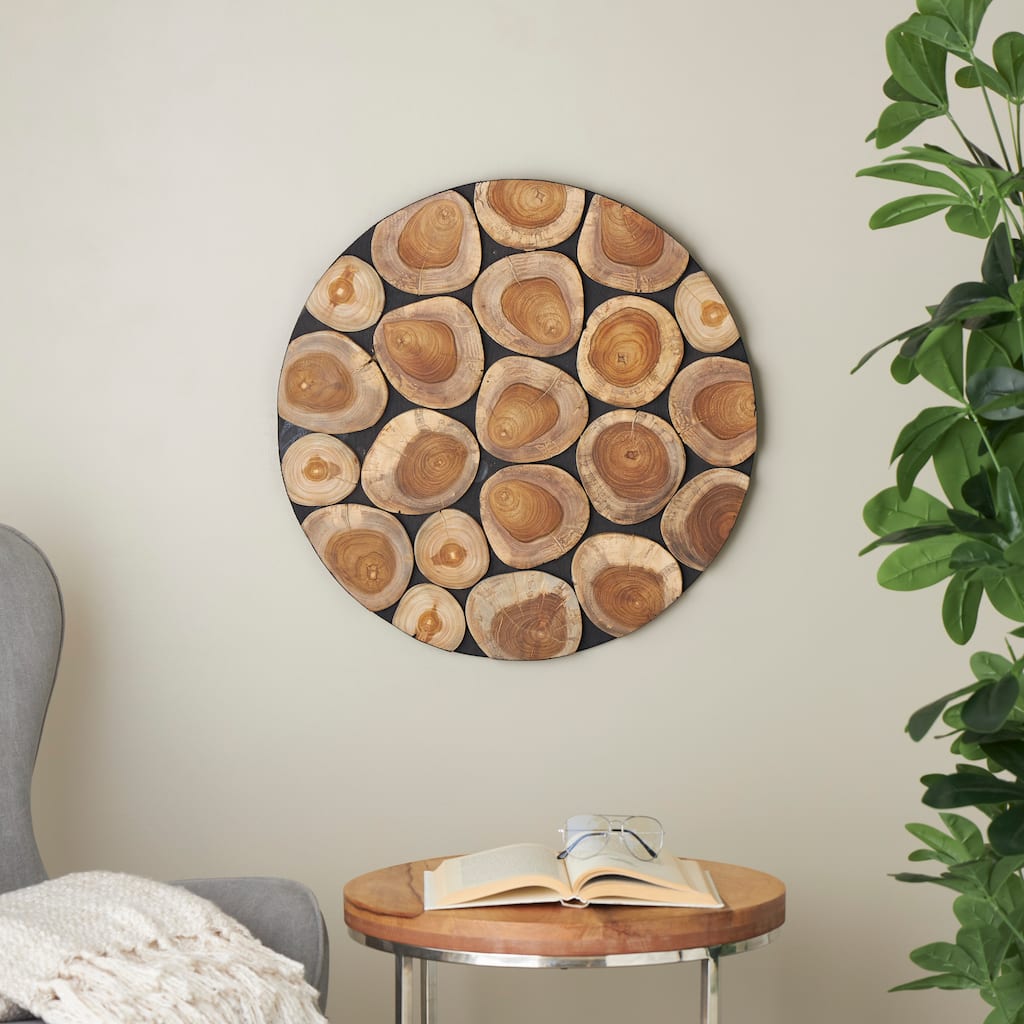 Brown Teak Wood Handmade Round Mosaic Inspired Wood Slab Abstract Home Wall Decor with Black Backing