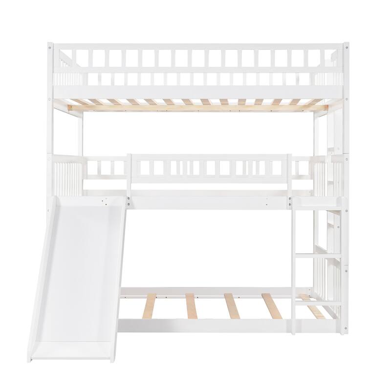 Full-Over-Full-Over-Full Triple Bed with Built-in Ladder and Slide, Triple Bunk Bed with Guardrails