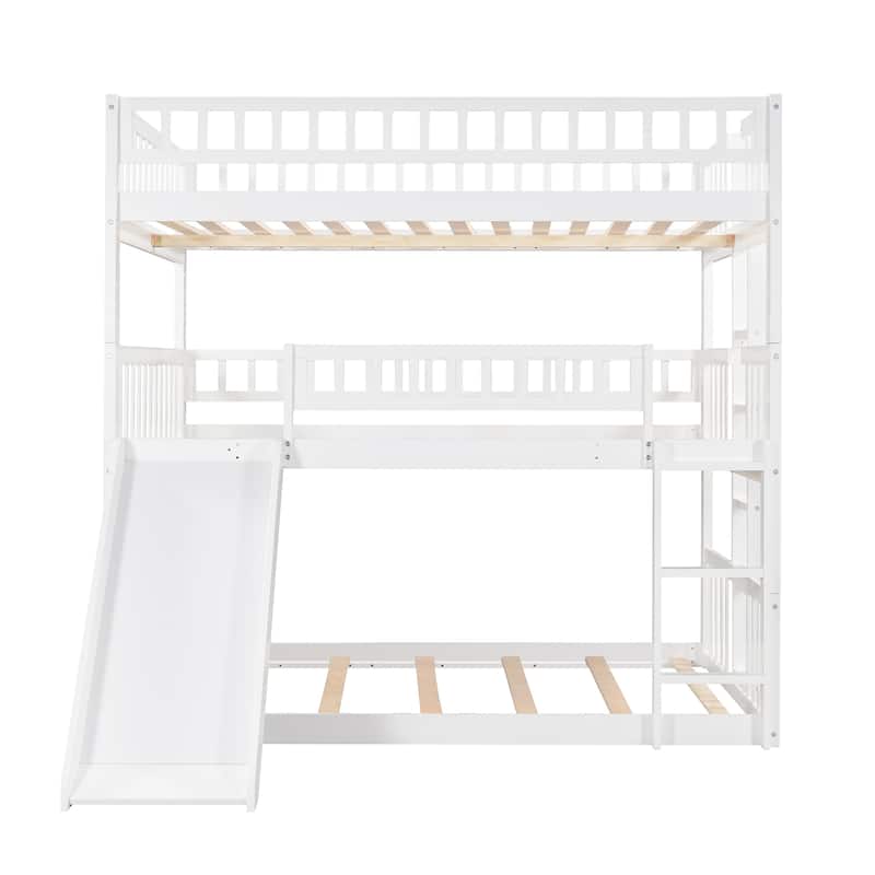 Wooden Triple Bunk Bed with Ladder, Guardrails and Slide, Detachable Full Over Full Over Full Bed Frame Convertible 3 Beds