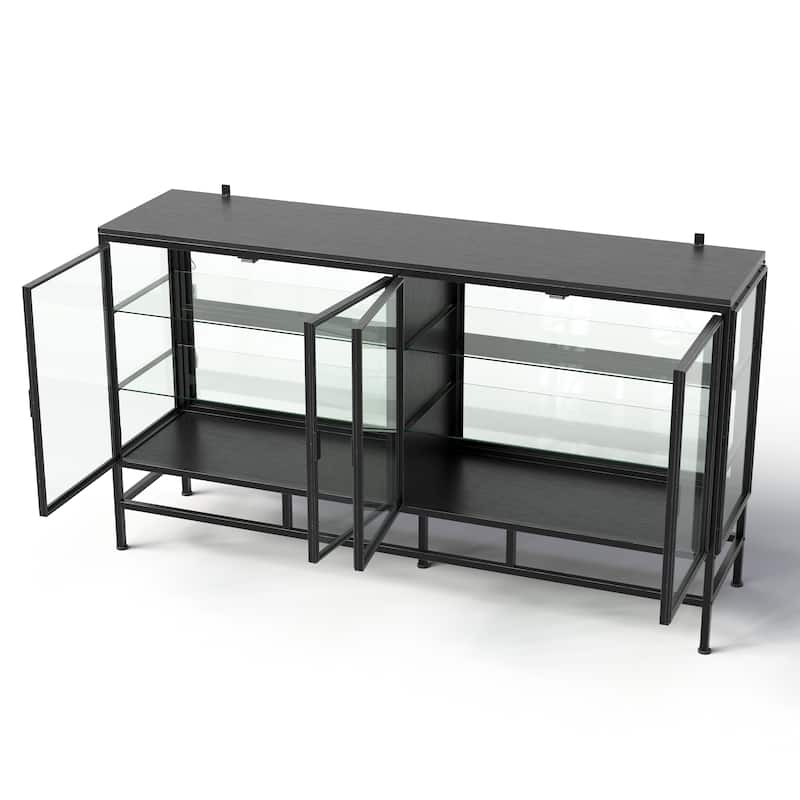 63" Industrial Glass Display Cabinet with LED Lights, 4-Door Metal & Wood Curio Sideboard for Living Room