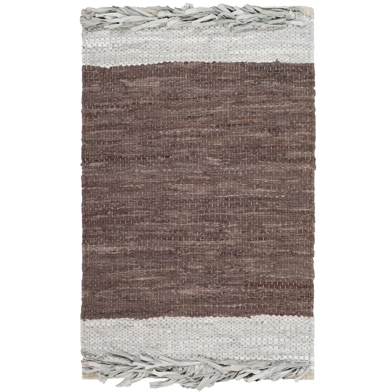 SAFAVIEH Handmade Vintage Boho Leather Catrina Modern Stripe Leather - 2' x 3' - Light Grey/Dark Brown - Rectangle