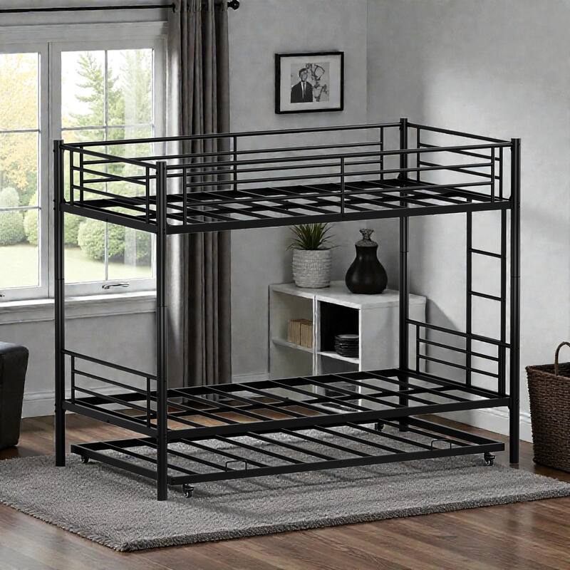 Twin Over Twin Metal Bunk Bed with Trundle, Convertible 2-in-1 Design, Non-Slip Ladder and Safety Rails