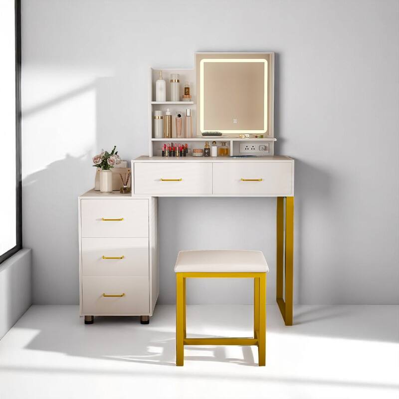 Modern Vanity Desk with LED Mirror, 5 Drawers, Power Outlet & Metal Chair, Makeup Table with Shelves for Bedroom - White