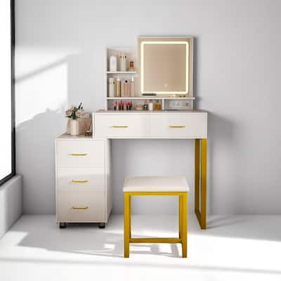 Modern Vanity Desk with LED Mirror, 5 Drawers, Power Outlet & Metal Chair, Makeup Table with Shelves for Bedroom