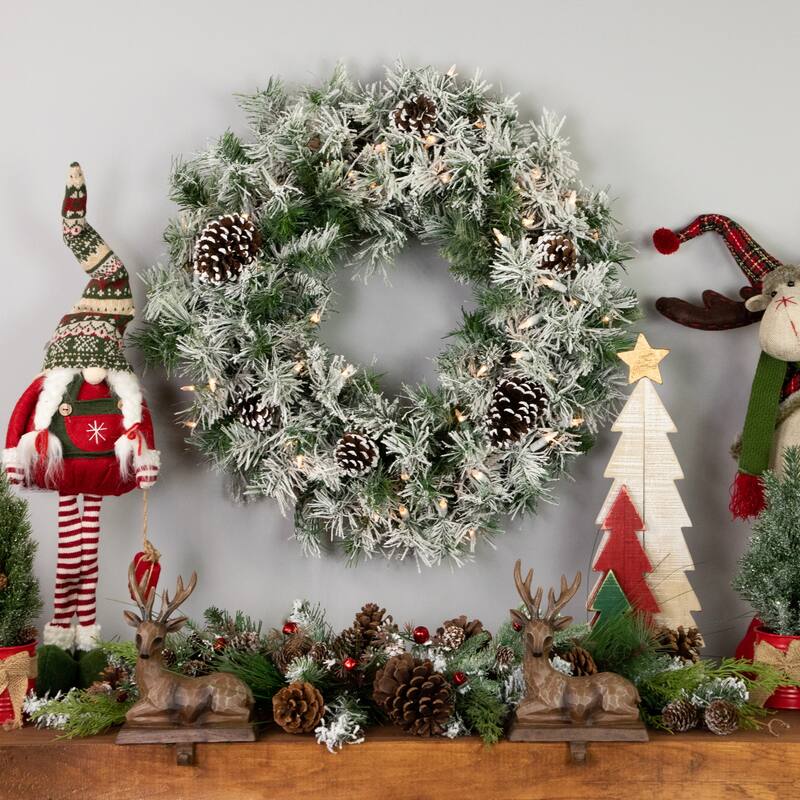 Heavily Flocked Madison Pine Artificial Wreath 24" Clear Lights