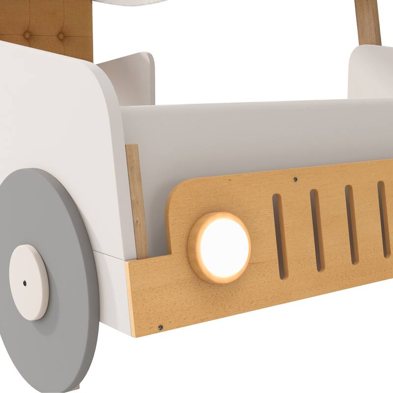 Twin Size Car-Shaped Bed with LED Lights and Pillow, Natural