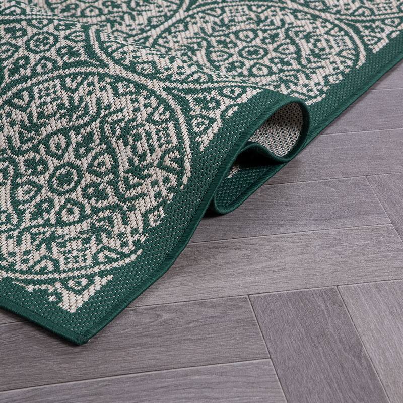 World Rug Gallery Transitional Floral Circles Textured Flat Weave Indoor/Outdoor Area Rug