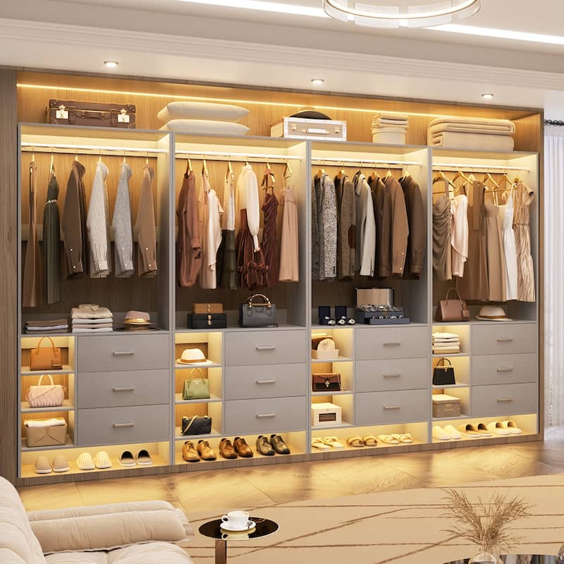 Cimly 30''-120'' W Freestanding Closet System with Hanging Rod, Closet Organizer with Drawers and Shelves - 4pcs - Grey