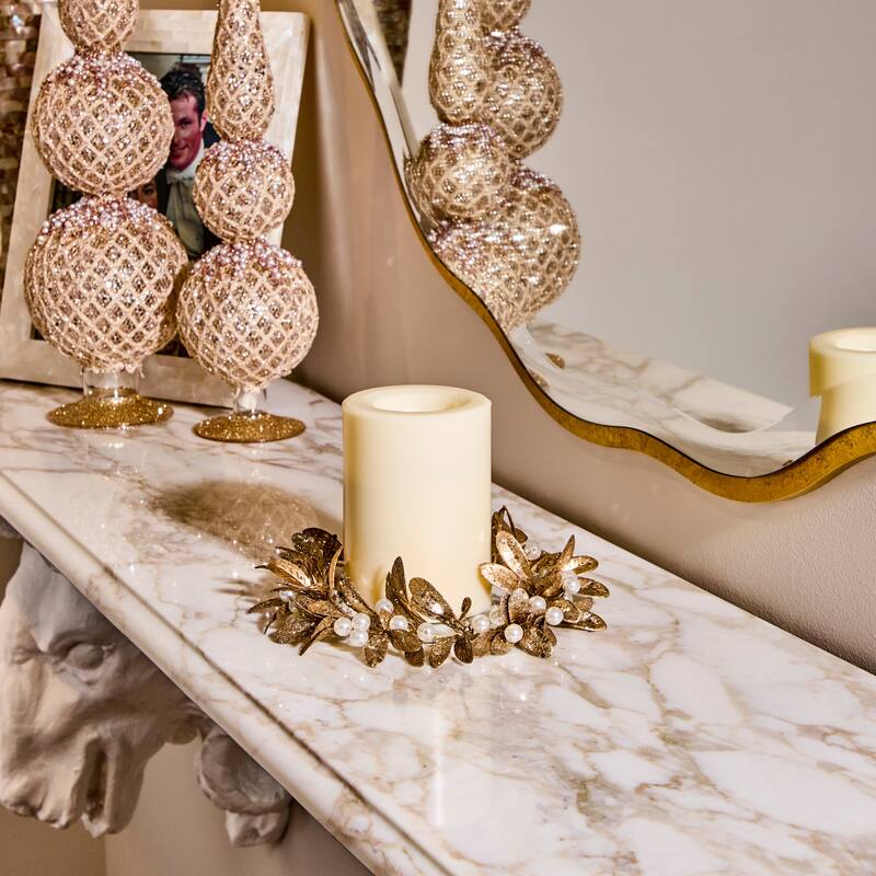4.5" ID Gilded Leaf Candle Ring With Pearls Set of 2