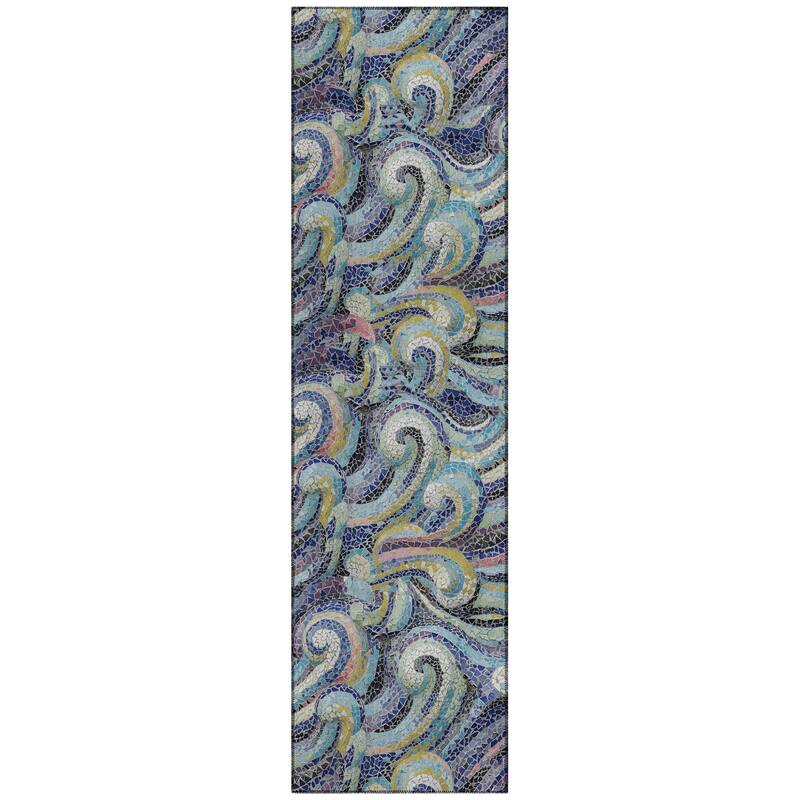 Indoor/ Outdoor Surfside Mosaic Waves Washable Rug New - Stormy - 2'3" x 7'6"