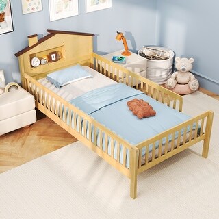 Twin Montessori Bed for Kids with House-Style Headboard and Storage Shelf