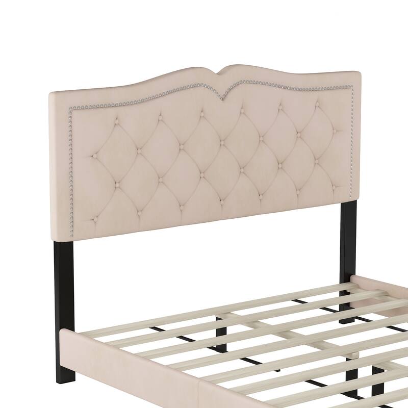 Queen/Full Size Upholstered Bed Frame with Rivet Design, Modern Velvet Platform Bed with Tufted Headboard