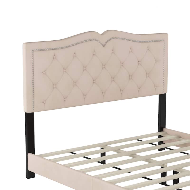 Queen Size Upholstered Bed Frame With Rivet Design, Modern Velvet Platform Bed With Tufted Headboard,Beige