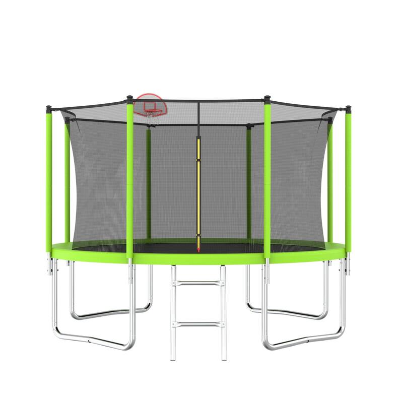 Outdoor Kids Trampoline with Basketball Hoop and Ladder, with Safety Enclosure for Backyard Fun