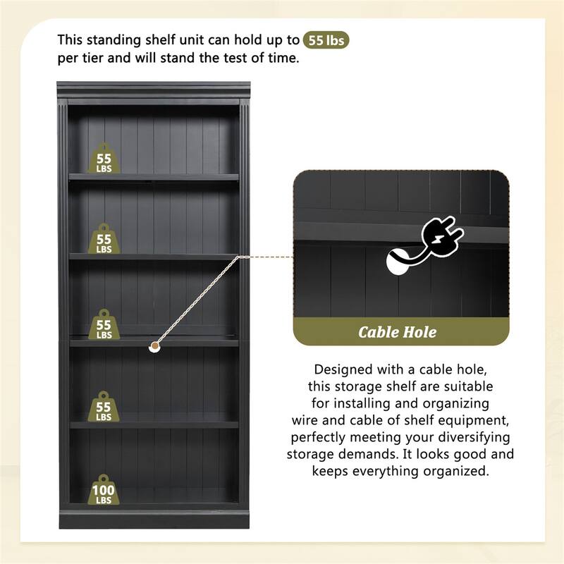 83.4" Tall Wood Bookcase, 5-Tier Adjustable Home Office Bookshelves