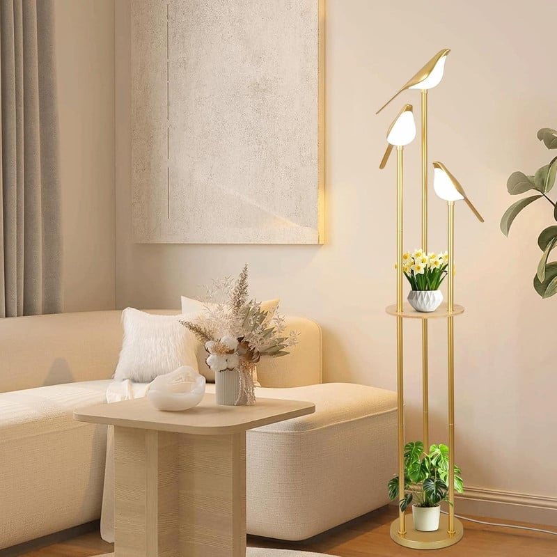 Gold Modern Floor Lamp with Shelves - Mid-Century Standing Lamp with 3 Adjustable LED Bird Lights