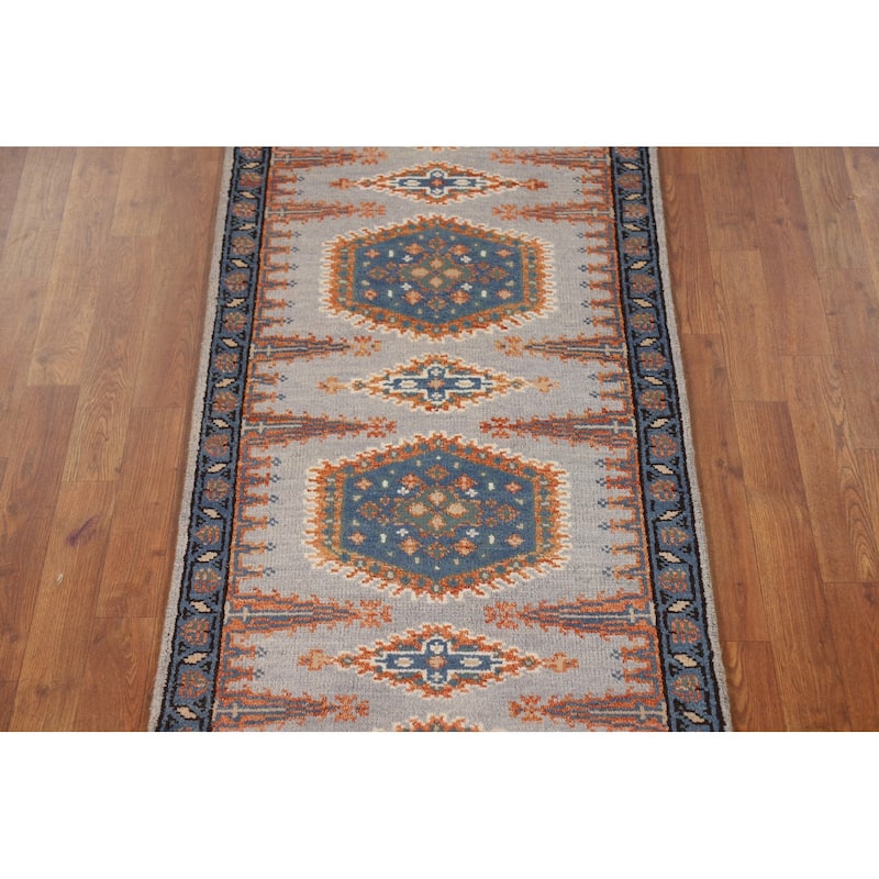 Geometric Viss Indian Runner Rug Handmade Gray Wool Carpet - 2'6"x 9'7"