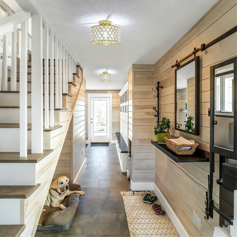 1-Light Modern Vintage Drum Crystal Semi-Flush Mount Ceiling Light