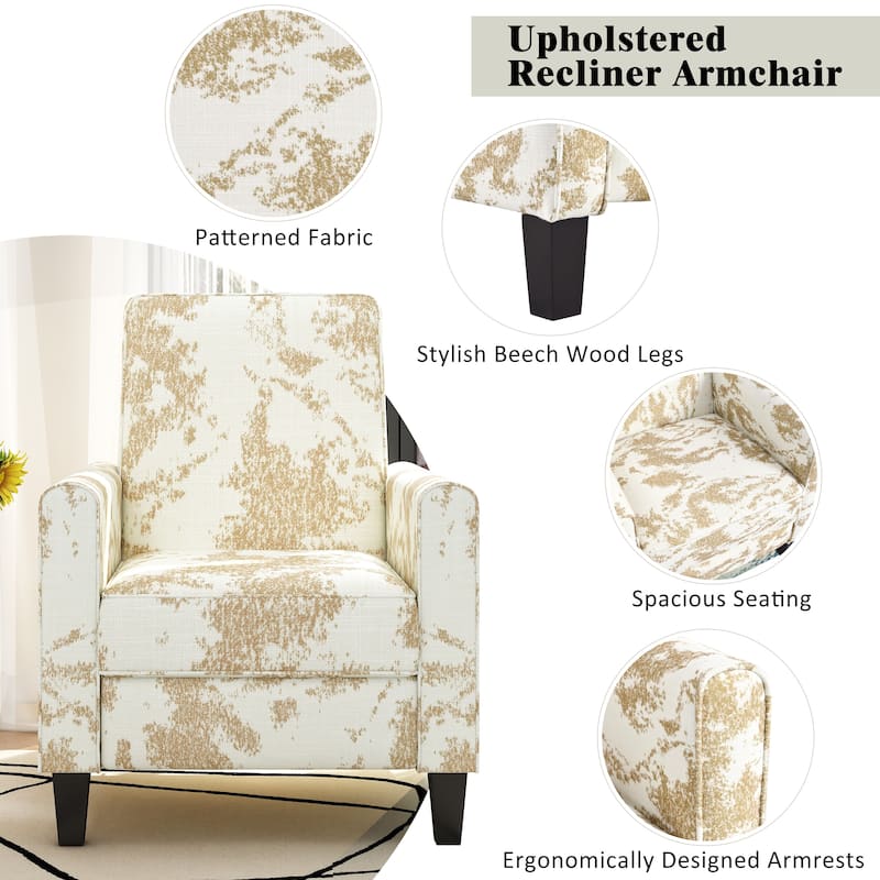 Roomfitters Push Back Recliner Armchair with Beech Wood Legs, Printed Fabric Accent Chair