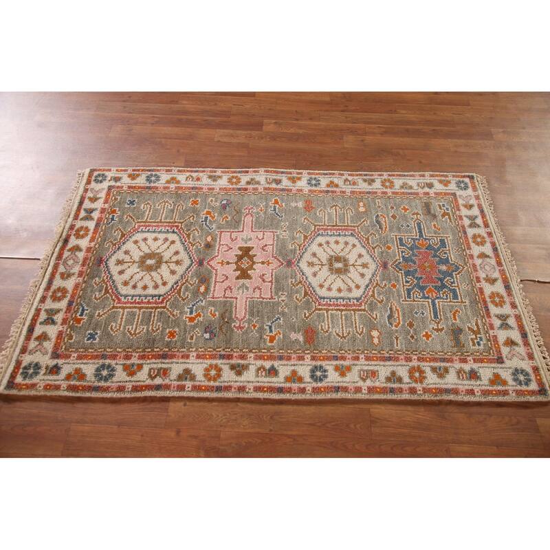 Geometric Grey Kazak Accent Rug Handmade Traditional Wool Carpet - 3'1"x 5'0"