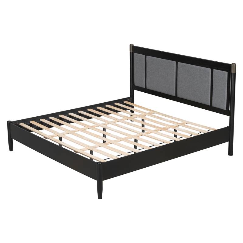 Roomfitters King Wood Platform Bed Frame, Heavy Duty 600lbs Support, Upholstered Headboard with Metal Accents