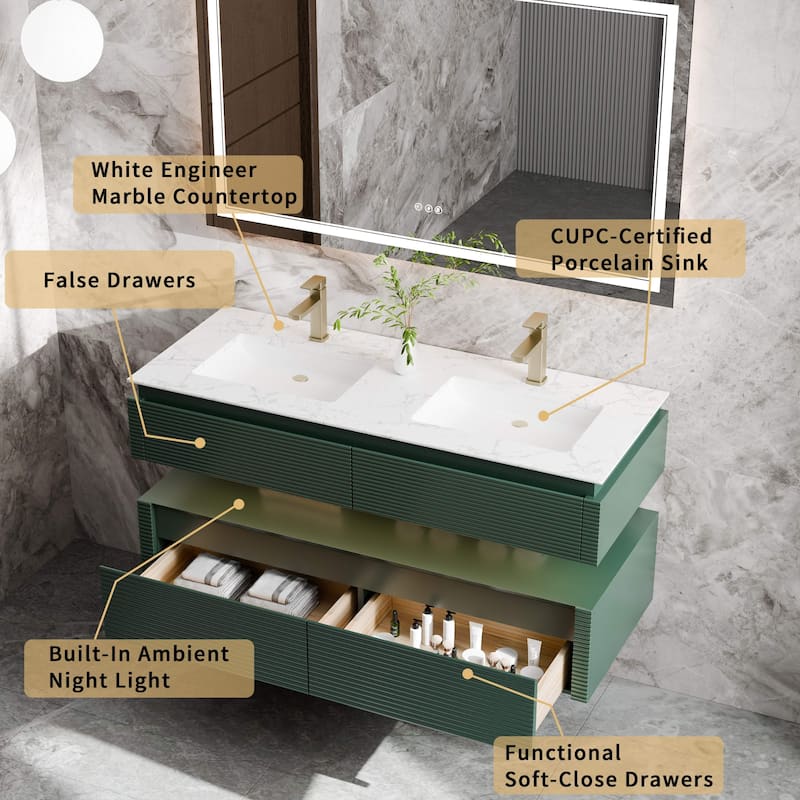 Modland 48" Modern Wall-Mounted Double Sink Bathroom Vanity with Engineered Stone Countertop,LED Light