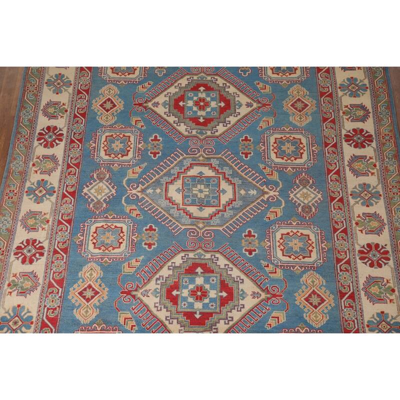 Blue Geometric Kazak Area Rug Handmade Wool Carpet - 8'0" x 9'10"