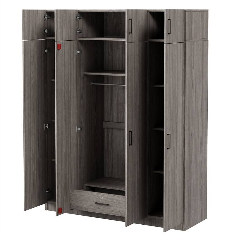 Modern Bedroom Wardrobe with 4 Doors and Top Cabinet, Freestanding Armoire Closet with Hanging Rod, 1 Drawer and Storage Shelves